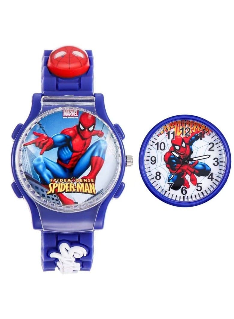Blue Spiderman Cartoon Flip Cover Children's Watch (The Cover Can Turn)