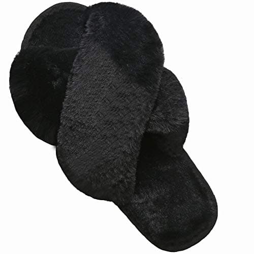 LZLER Women Fuzzy Fluffy Furry Slippers Fur Flip Flop Open Toe Slippers Cross Band Shoes Slides for Ladies House Home Indoor Outdoor(Black,7)