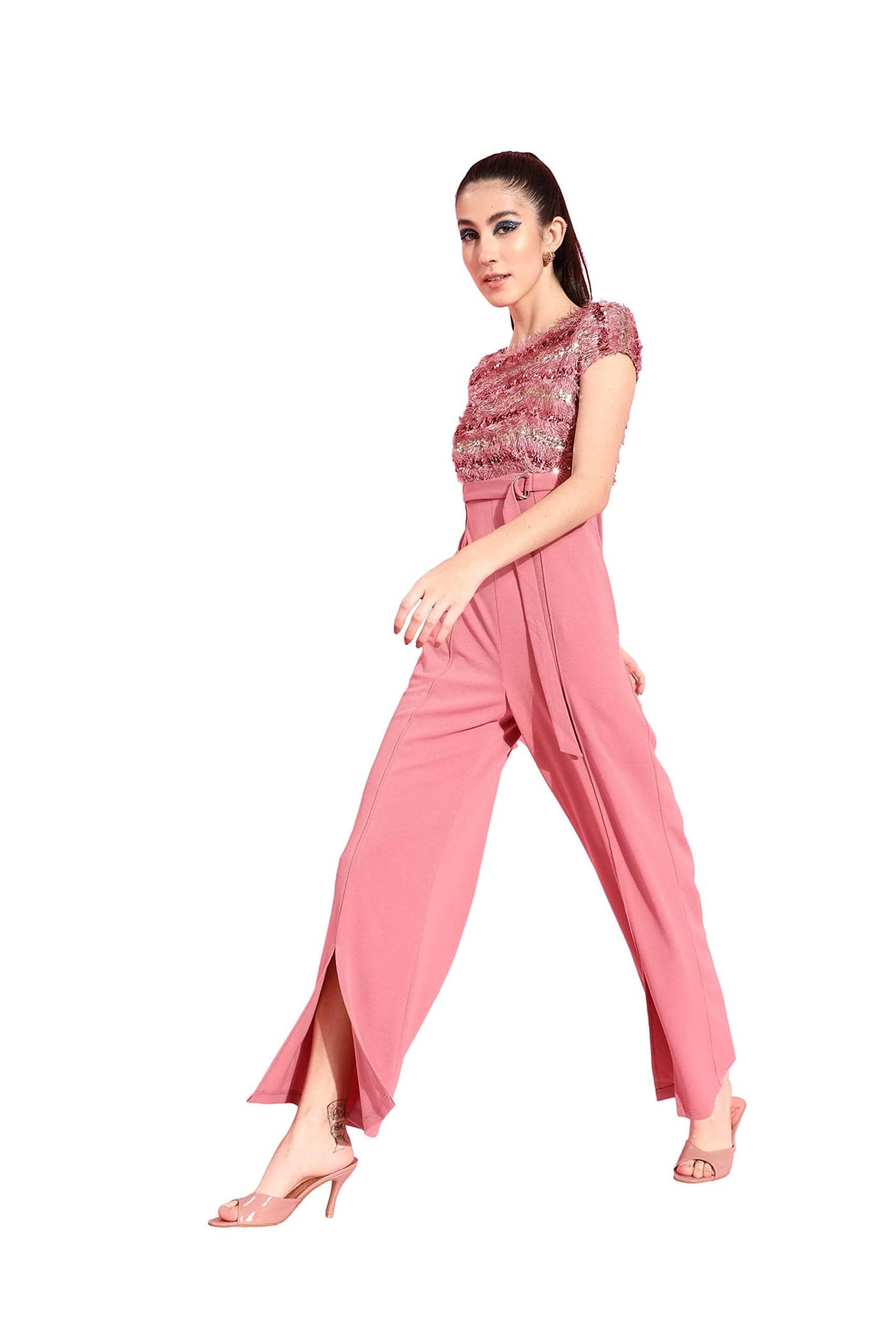 Miss Chase Women's Dusty Pink Embellished Regular Jumpsuit(MCAW21D04-97-234-04,Dusty Pink,M)