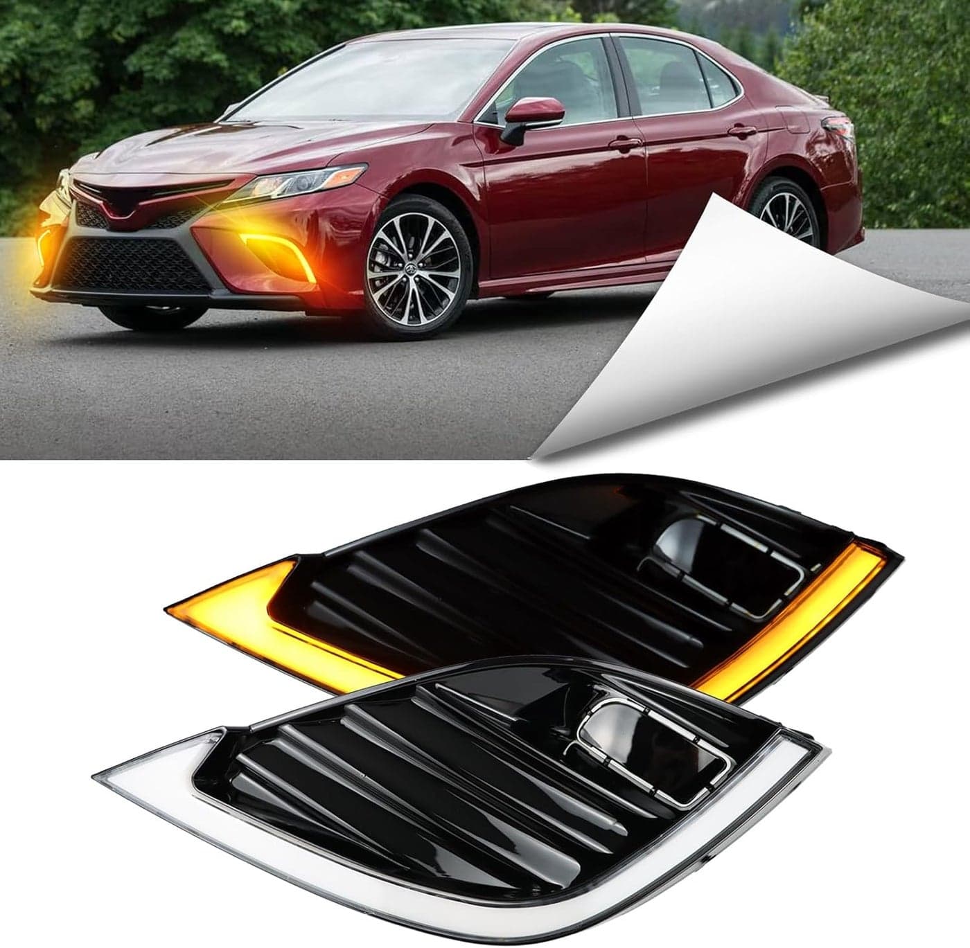 BINQIGOO LED Daytime Running Light for Toyota Camry SE XSE 2018-2020 - Front Bumper Fog Light Cover Bezel with White DRL and Amber Turn Signal