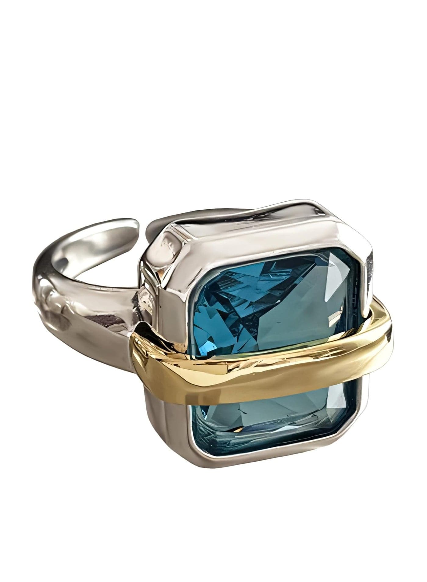 Two - Tone Silver and Gold Plated Ring for Women - Blue Gemstone Statement Ring - Stylish Exquisite