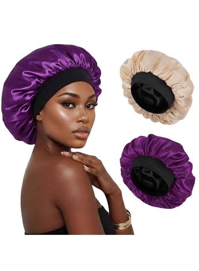 2PCS Bonnets for Sleeping Double Layer Satin Silk Bonnet for Sleeping Women Adjustable Sleep Cap Elastic Wide Band Hair Bonnet for Curly Hair(Gold+Purple)