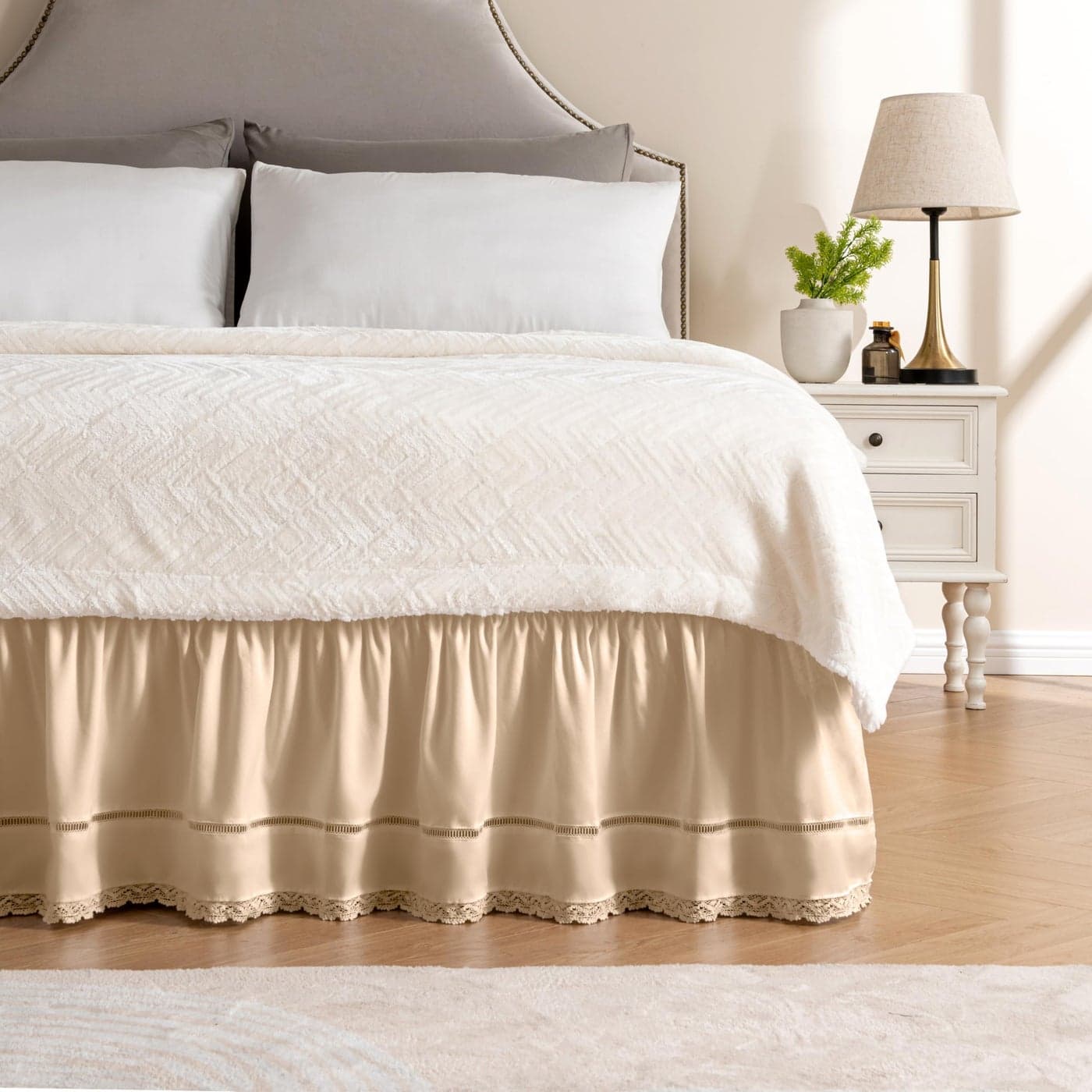 MIYE Wrap Around Ruffled Lace Bed Skirt Elastic Dust Ruffle with Adjustable Belts Easy to Put On Bed Frame Cover Machine Washable Floral LaceBeige KingQueen15 Drop