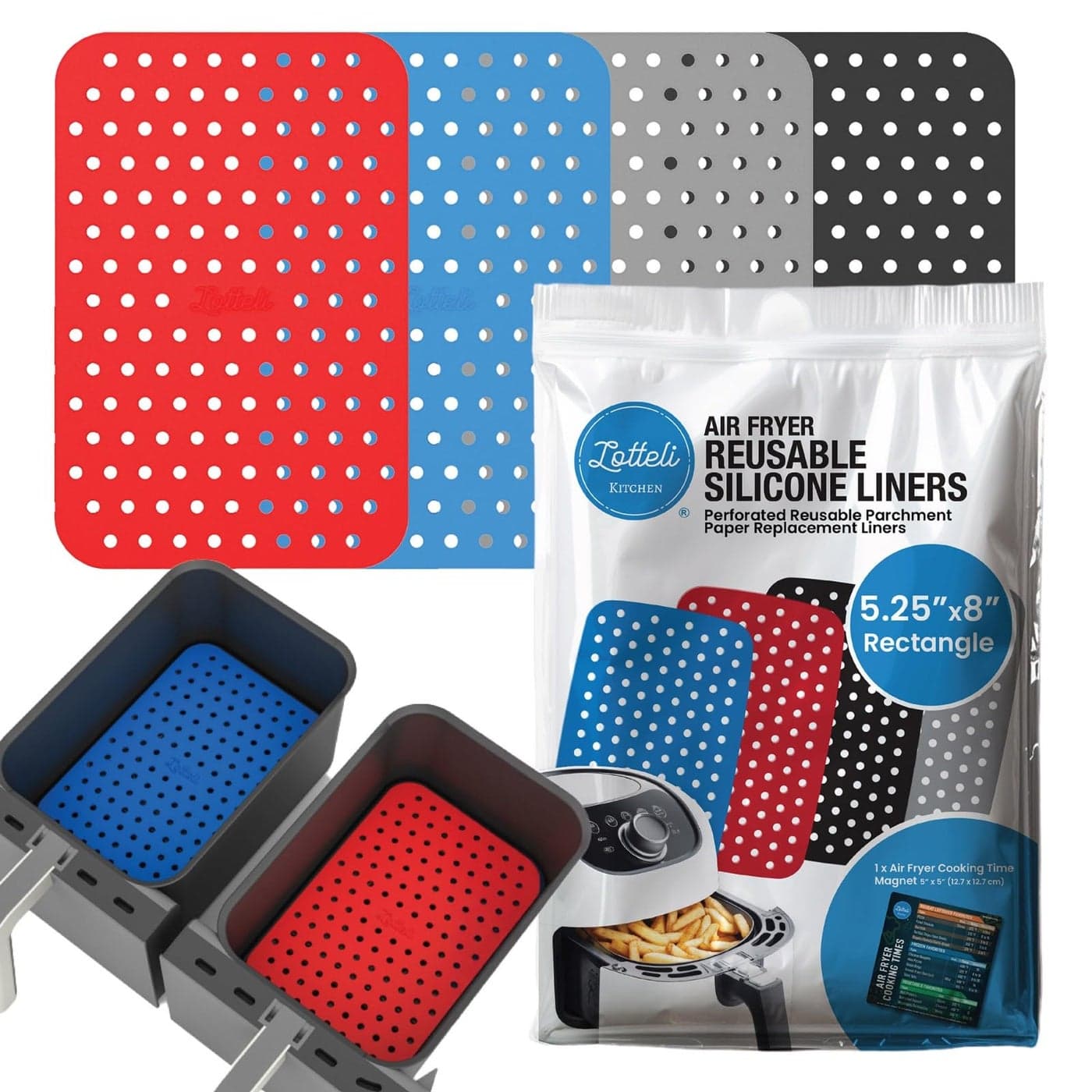 Reusable Air Fryer Liners 4 Pack for Dual Basket Fryers Rectangle Silicone Airfryer Liners 525 x 8 for Basket Easy to Clean Air Fryer Accessories NonStick Parchment Paper Replacement