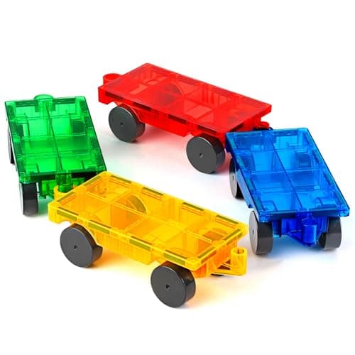 Mruikeny Magnetic Tiles Cars Construction Set 4 PCS Magnetic Tiles Magnet Bricks Truck Sensory Toys Educational Magnet Cars Set Building Blocks for 3 4 5 6 7 8 Year Old Girls Boys