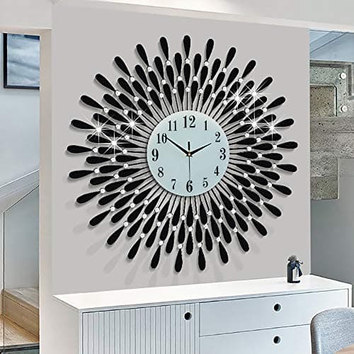 JUGV 28.0 INCH Wall Clock for Living Room Decor,Non-Ticking Quiet Metal Petals Dial Glass Big Wall Clocks Black for Bedrooms Kitchen and Small Space Decoration