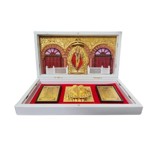 Enchanting Krystals Soulwise Shirdi Sai Baba Gold-Plated Devotional Pocket Temple: Photo Frame, Charan Paduka, Idol & Pooja Box Spiritual Home & Travel Altar.