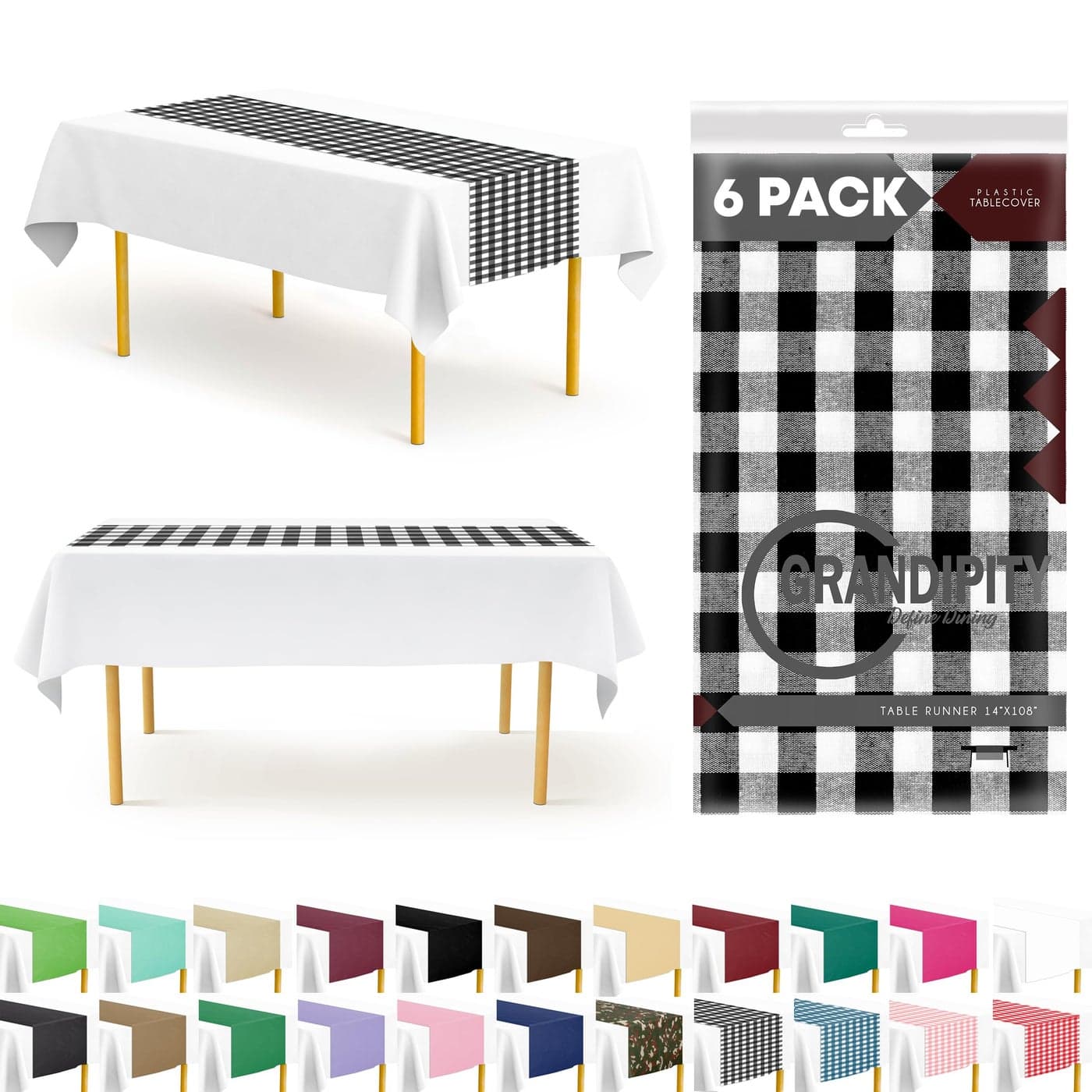 Black Checkered 6 Pack Gingham Premium Disposable Plastic Checkered Racing Flag Table Runner 14 x 108 Inch Table Runner for Dinner Parties Events by Grandipity