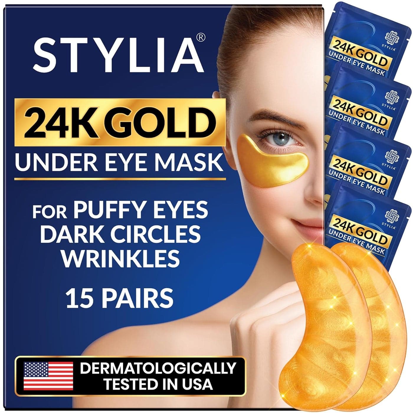 Stylia Under Eye Patches for Dark Circles and Puffy Eyes 15 Pairs 24k Gold Collagen Mask with Hyaluronic Acid Eye Masks for Dark Circles and Puffiness Gifts for Women Valentines Day Gifts