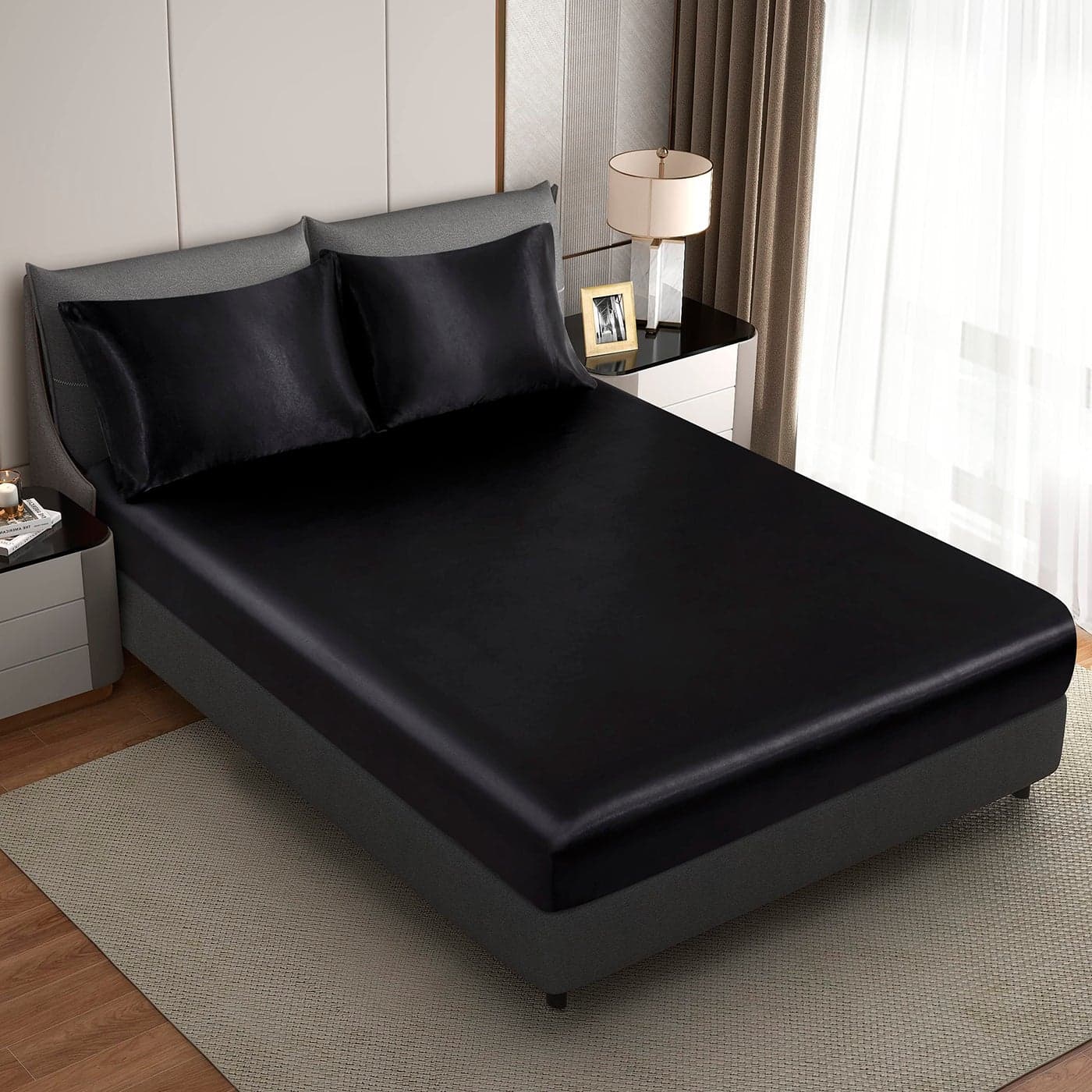 HommxJF Silk Satin Black Queen Fitted Sheet Only Deep Pocket Fitted Sheet Only Breathable Non Fading Fully Elasticized Bed Sheets Sold Separately
