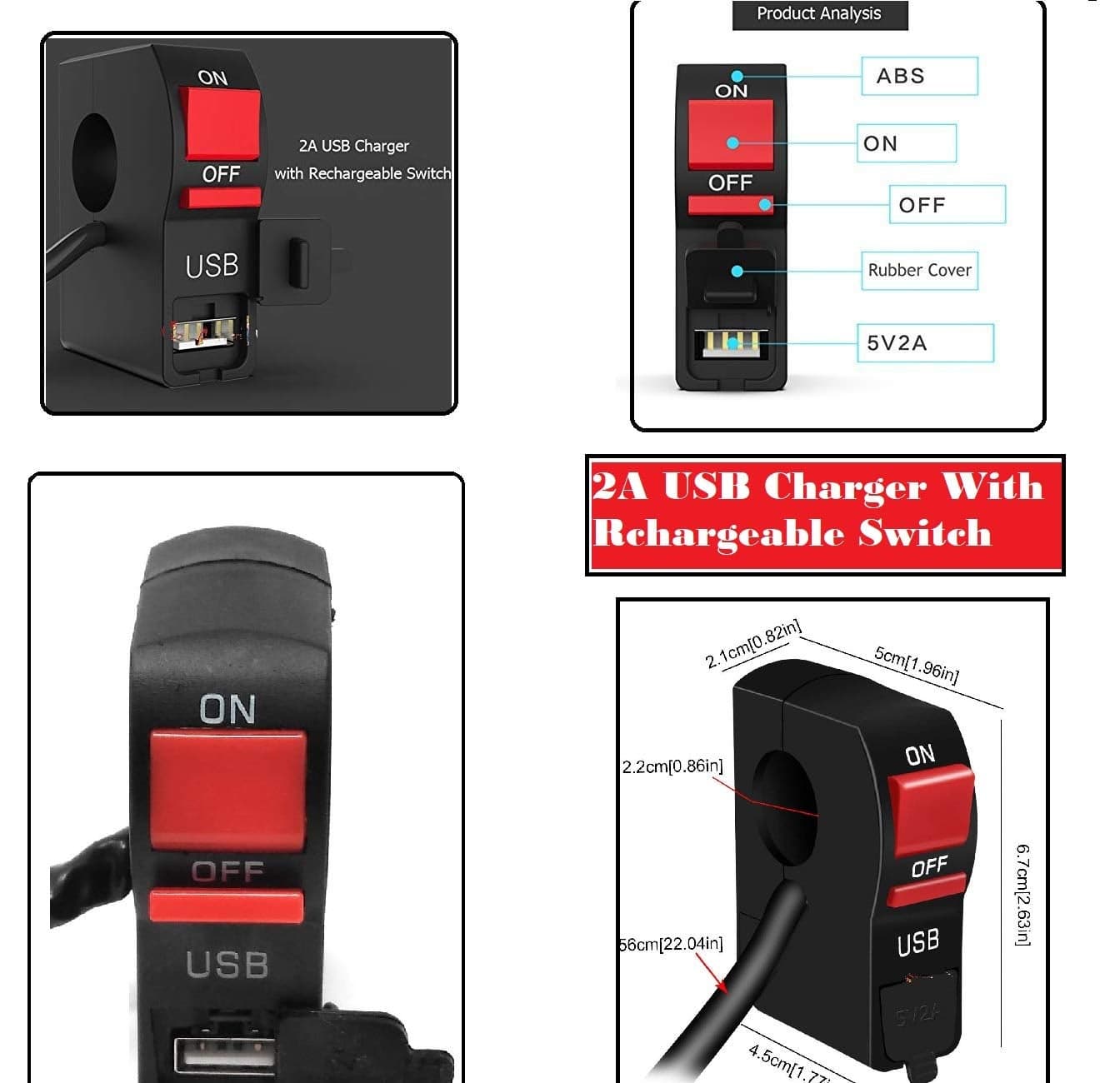 AOW ATTRACTIVE OFFER WORLD Universal Handlebar Light Switch Motorcycle Headlight Switch ON/Off Button Signal Light Switch with USB Charger for All Bikes