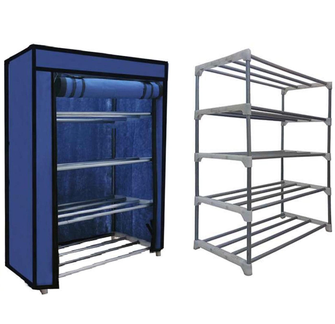 SANAMSTORE Open 4 Tier Metal Pipe With Non-Woven 100Gsm Fabric Cover Shoe/Cloth/Toy/Books Rack-Dark Blue, 30 X 55 X75 cm