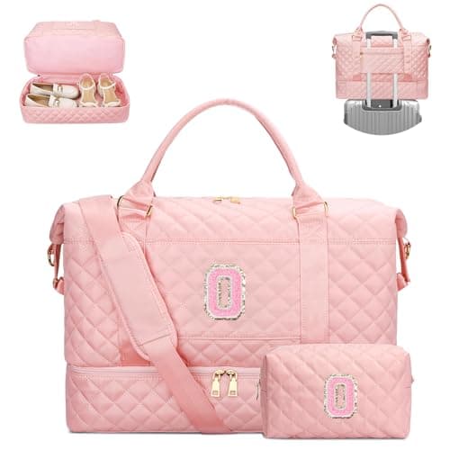 Gifts for Friend Women Girls Birthday Initial Travel Duffle Bag Quilted Weekender Bags CarryOn Overnight with Makeup Bag Gym Bag with Shoe Compartment PinkO