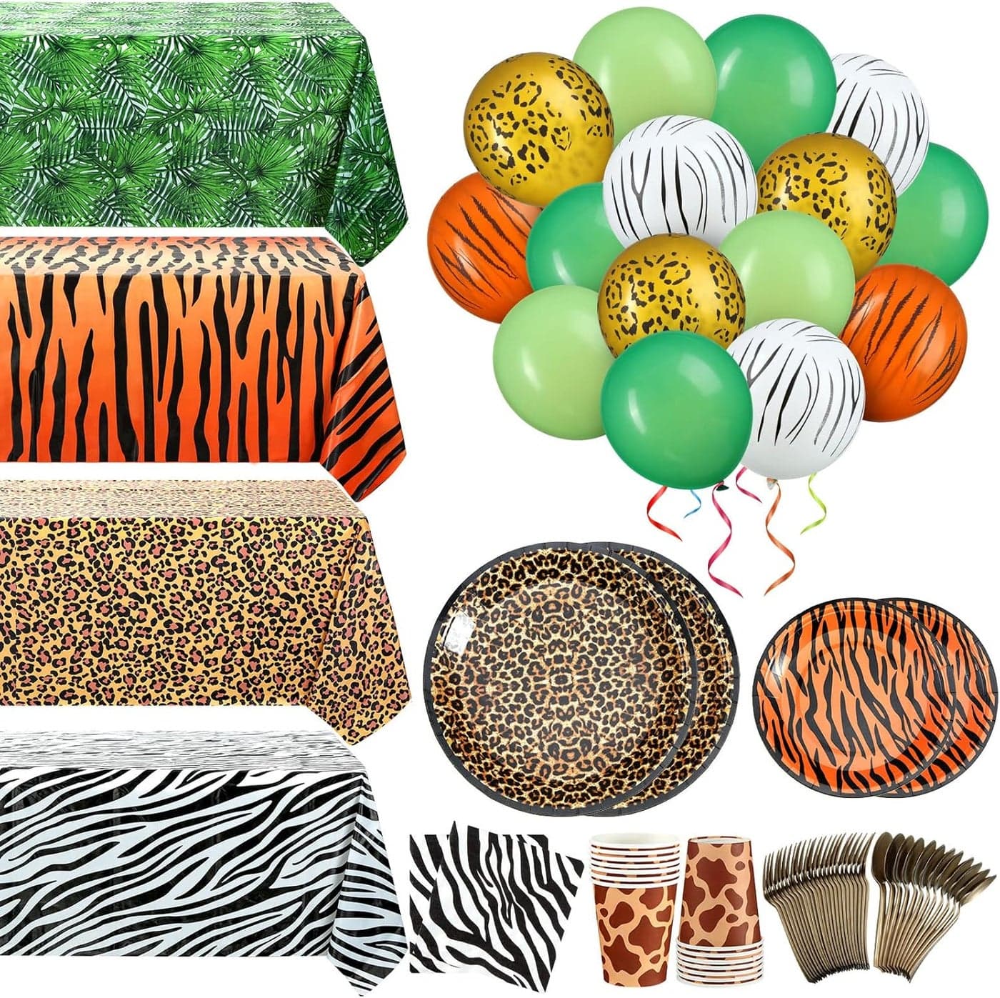 169 Pieces Jungle Safari Zoo Animal Print Birthday Party Supplies Including Party Paper Plates Leopard Giraffe Cups Napkins Jungle Tablecloth Cheetah Table Cover Balloons Spoons Forks Party Decoration