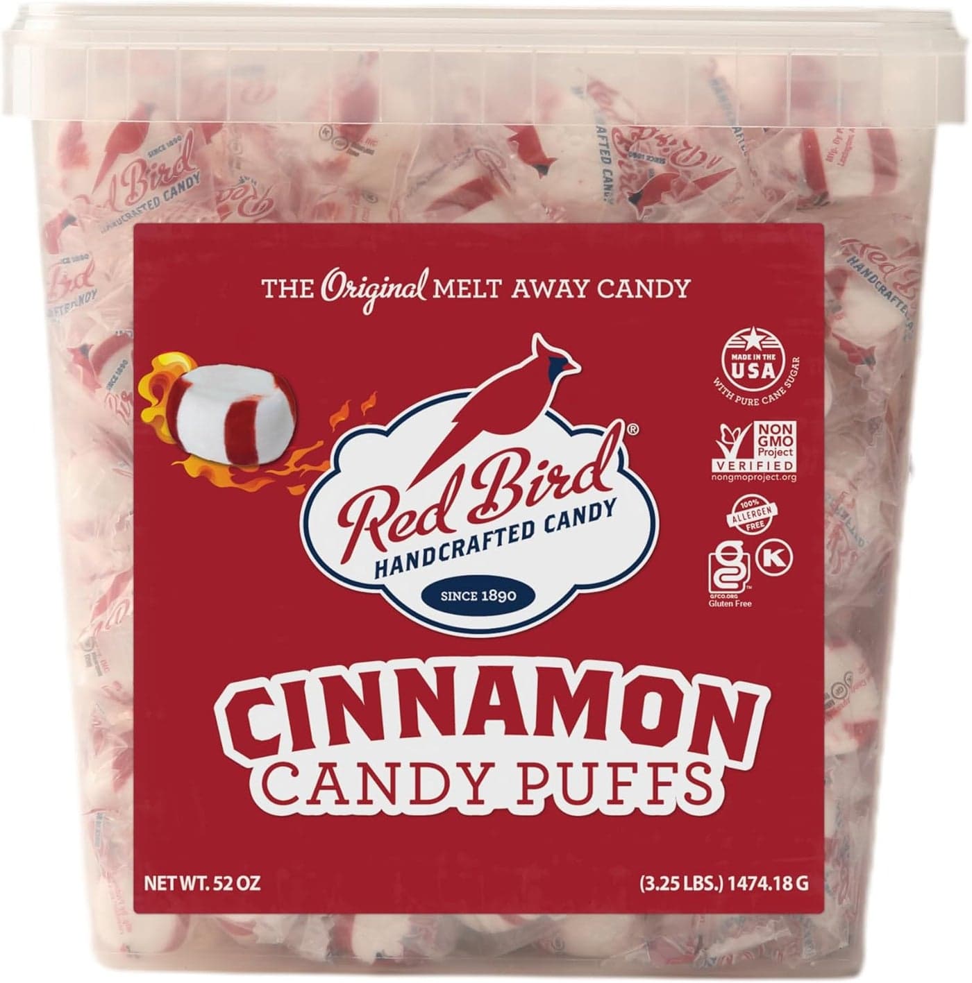 Red Bird Cinnamon Candy Puffs - Gluten Free Individually Wrapped Breath Mints, 52 oz Tub