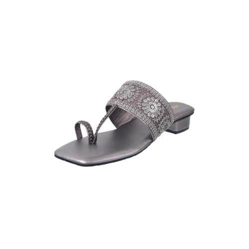 Metro Women Gun Metal Embellished Ethnic Kolhapuri Block Heel Slip-on Sandal UK/4 EU/37 (35-1294)