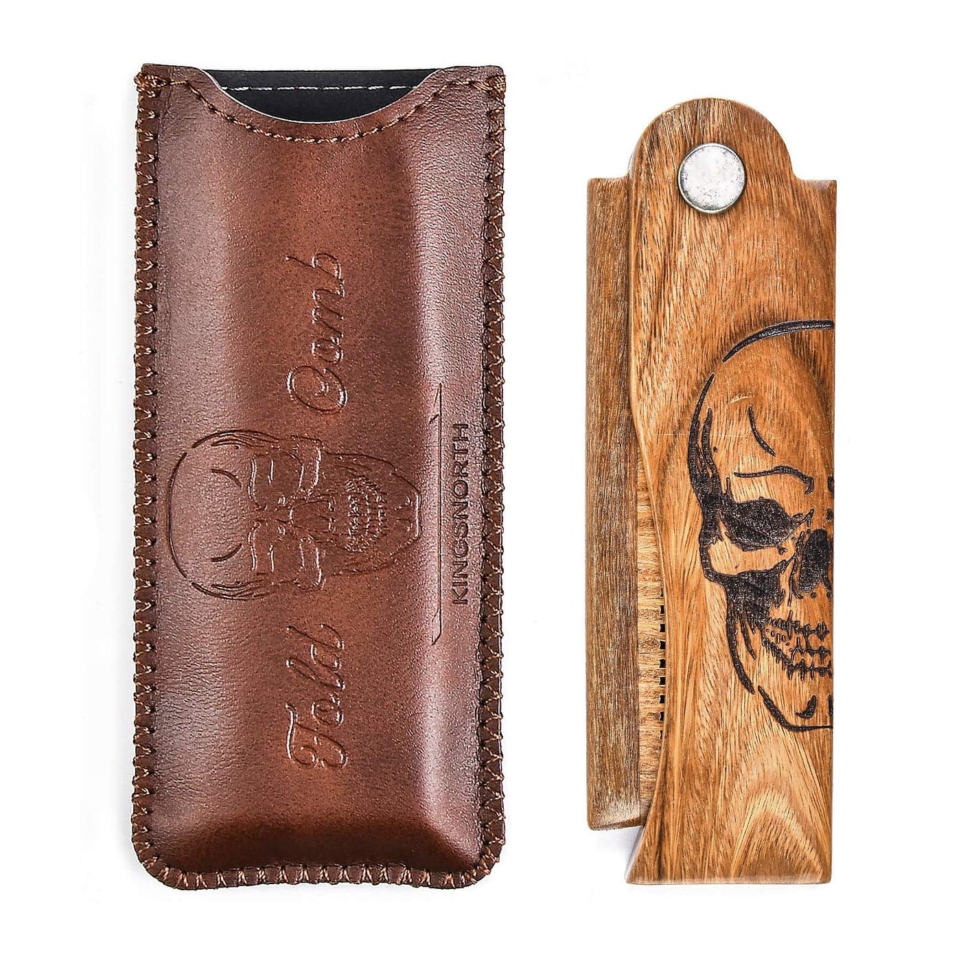 Menesia Mens Pocket Folding Wooden Beard Comb with Leather Travel CaseGreen Sandalwood Hair Combs Set for Men Skeleton