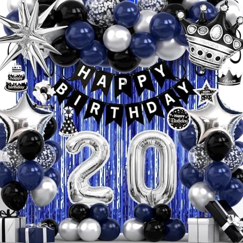 20th Birthday Decorations for Men and Women Black Blue Silver Happy Birthday Number 20 Balloons Banner Fringe Curtains Garland Kit 20 Year Old Party Supplies