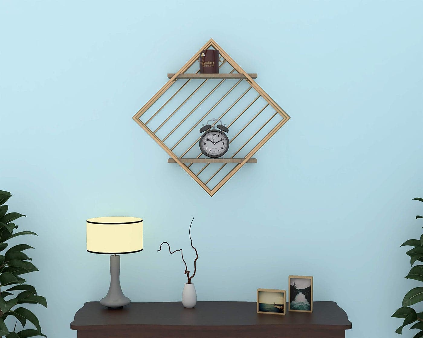 Wooden Twist Metallic Wooden Storage Wall Shelf (2-Tier Square)