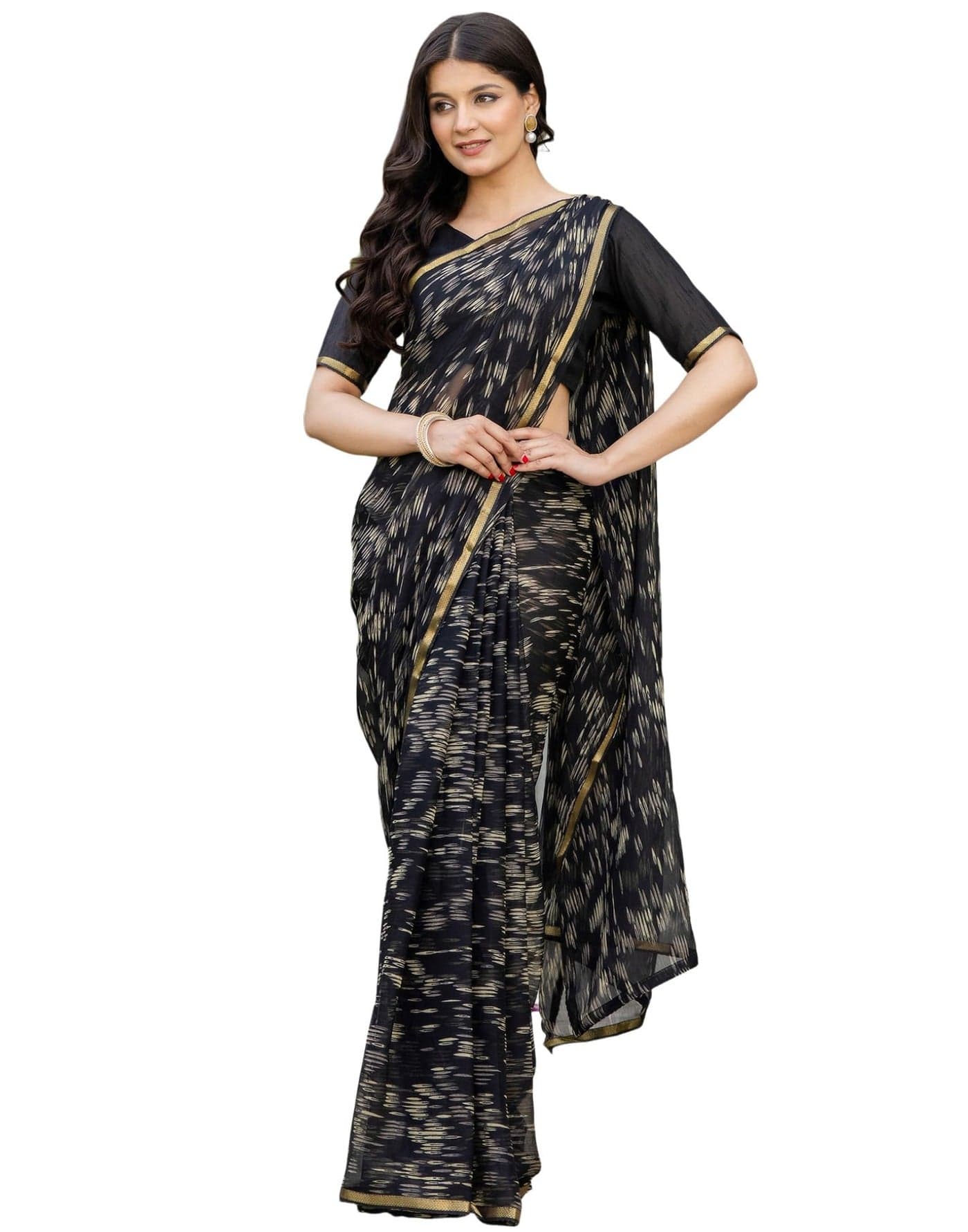 SIRIL Women's Chiffon Printed Saree with Unstitched Blouse Piece (4473S237_Black)