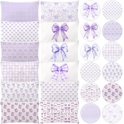 Chunful 24 Pcs Coquette Bow Party Favors 12 Canvas Makeup Bags 12 Aesthetic Compact Mirror Zipper Pouch Round Pocket Mirrors for Women Guests Quinceanera Party Favors(Purple,Elegant Style)
