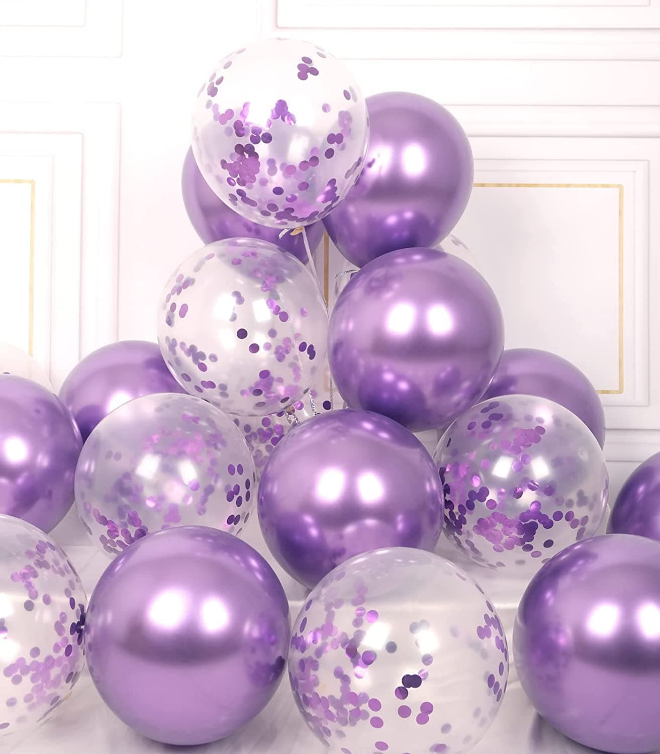 LAZYBEEE Party Balloons Pack of 42 - Purple chrome Balloons & Purple Confetti Balloons and 64ft Ribbons - 12 Inch Purple Balloons Decorations Set