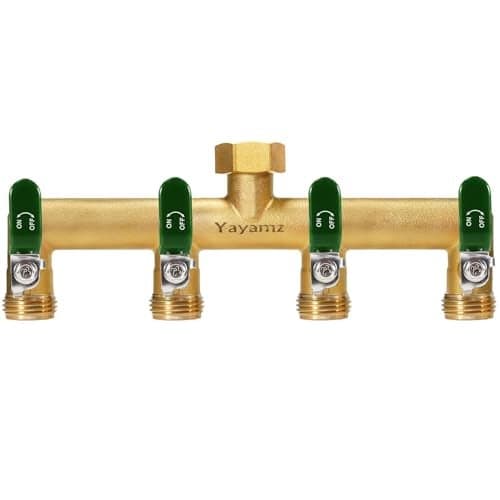 Yayamz Garden Hose Splitter 34 Rust and Freeze Resistant Outdoor Hose Manifold with 4 green Extra Long Handles Faucet AdapterHeavy Duty Brass 4Way Valve