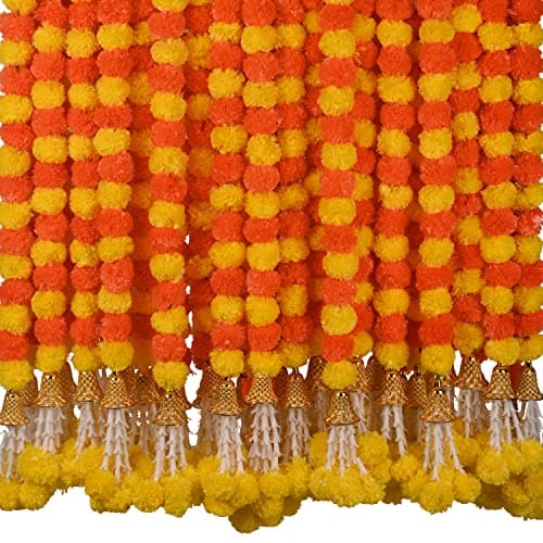 DIYANA IMPEX Marigold Garland for Decoration 5 Pcs of 5 feet Long Strands Artificial Marigold Flowers with Bell Indian Dcor for PoojaDiwaliWeddingChristmas Yellow