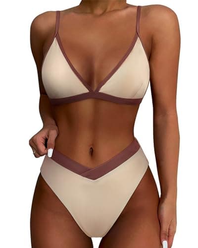 SUUKSESS Women Triangle High Cut Bikini Sets Sexy High Waisted Color Block Two Piece Swimsuits Push Up Bathing Suits(Beige Brown,S)