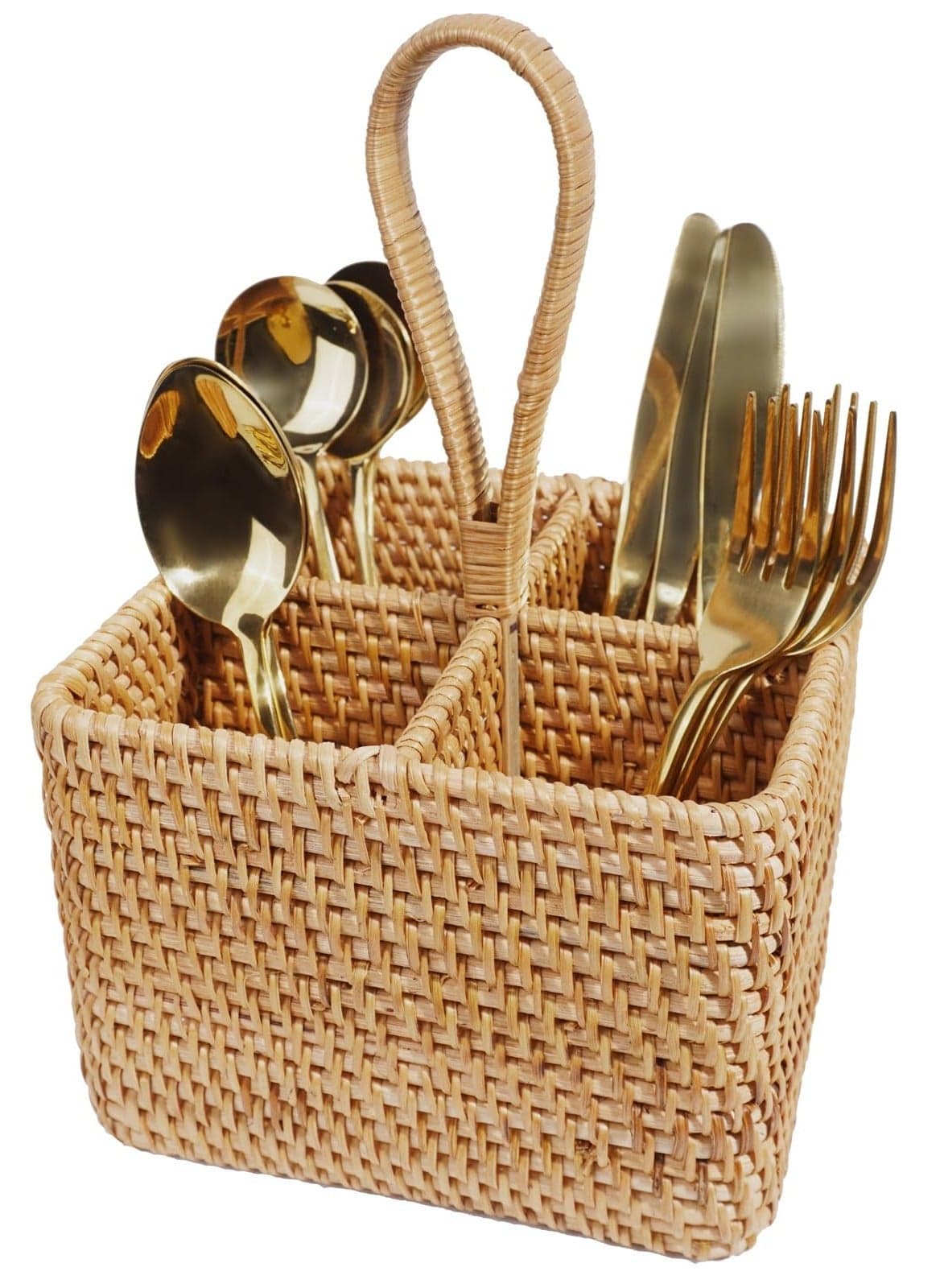 Rustic Rattan Utensil Holder with 4 Compartments, Woven Flatware Caddy, Silverware Organizer for Kitchen, Parties, Picnics, and Camping, Easy Storage Design