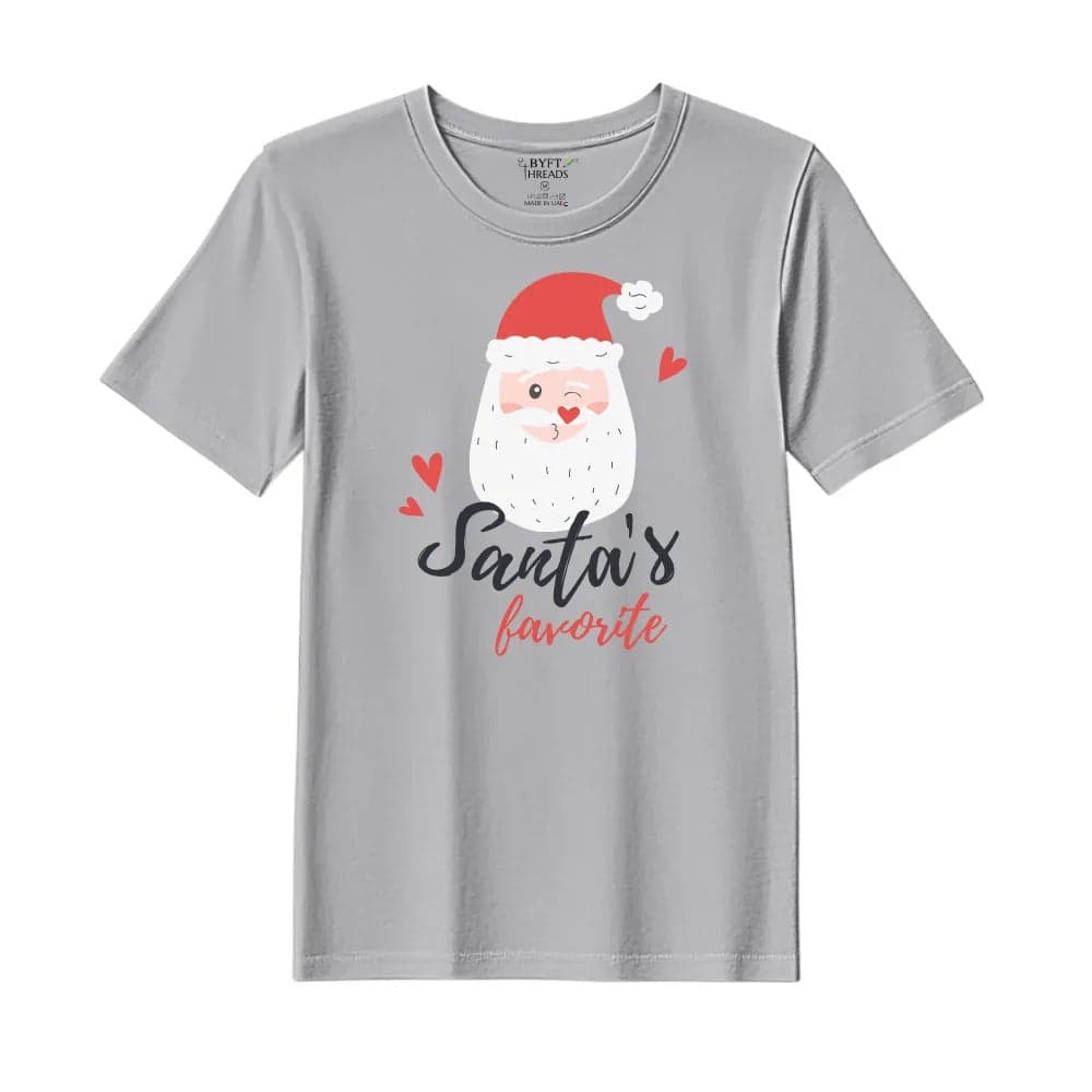 BYFT Threads Large Grey Polycotton T-Shirt - Christmas "Santa's Favorite" Printed Design, Premium Holiday Collection