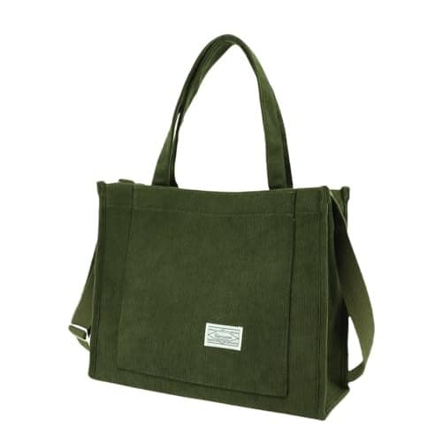UERRUAM Corduroy Tote Bag for Women Work Crossbody Purse for Everyday,College,Travel,Lightweight Handbag Adjustable Strap,Large,Army Green