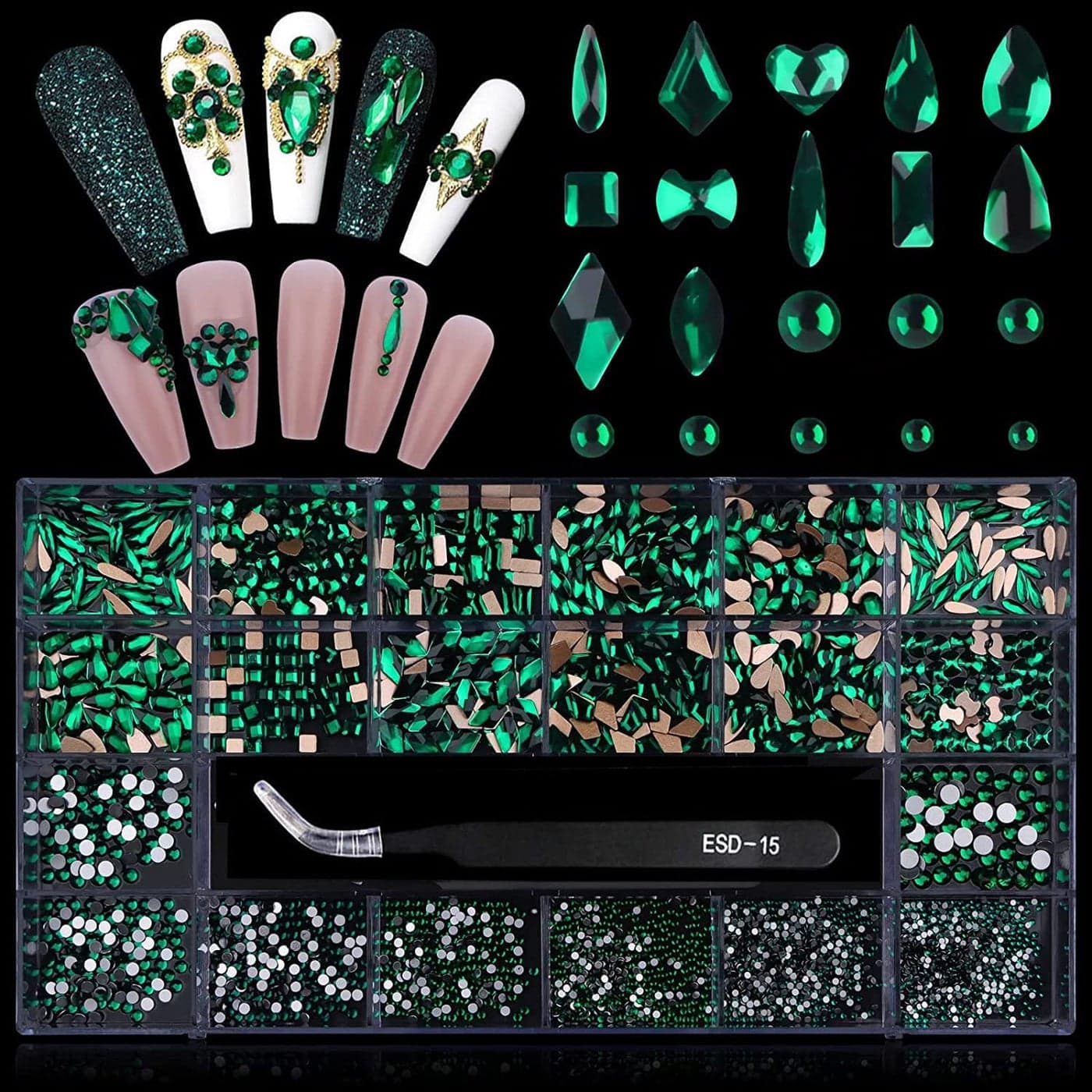 3100Pcs Green Rhinestones for Nail EBANKU 12 Types of 600 Nail Diamonds 2500 Flat Rhinestones Kit Mixed Shape AB Nail Gems Jewels with Rhinestone Picker Dotting Pen Tweezers