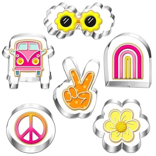 LUBTOSMN Large Groovy Cookie Cutter Set6 PieceVW Van Peace Hand Daisy Floral Sunnies Rainbow and CircleDiswasher SafeCookie Cutters Shapes for Two Groovy One Birthday Party Decoratons