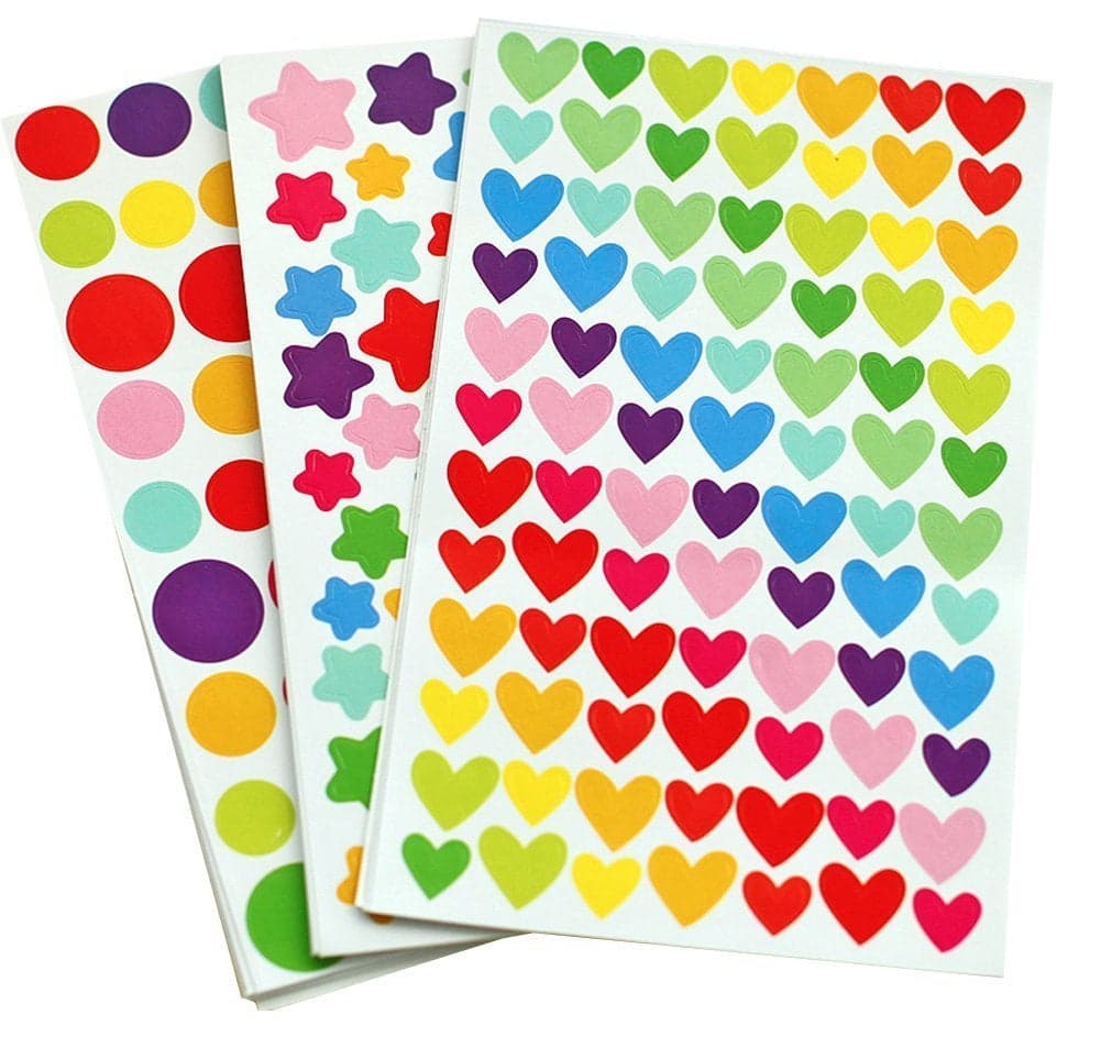 Yansanido 18 Sheets 1512 Pcs Colorful Dot Heart and Star Shape Self Adhesive Stickers, for Scrapbooking and Kid DIY Arts Crafts (Mixed dots,Hearts,Stars, 18 Sheets)