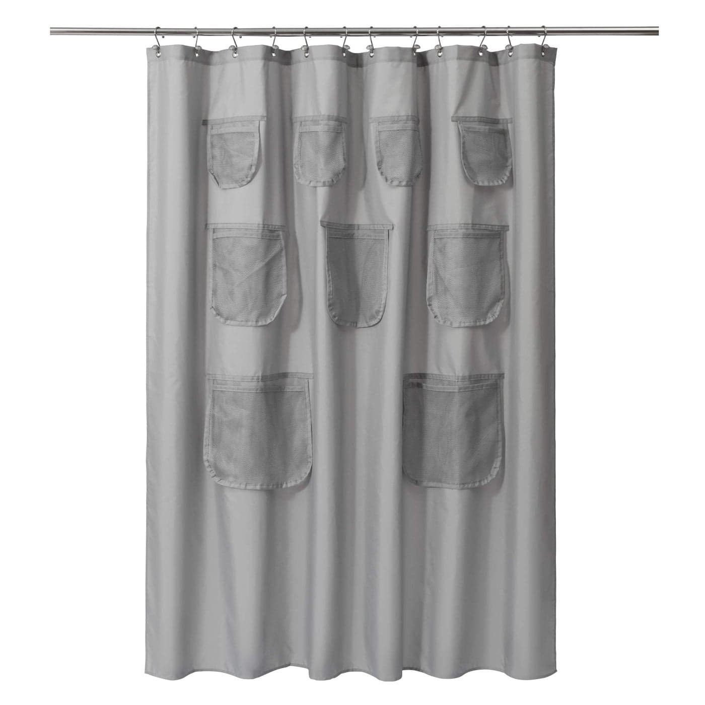 Mrs Awesome Gray Fabric Shower Curtain or Liner with 9 Mesh Pockets72 x 72 inch Water Proof Washable and Rust Proof GrommetsGray