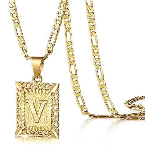 KissYan Initial Letter Pendant Necklace for Men Women, 14K Gold Plated Square Capital Monogram Necklace Alphabets from A-Z Figaro Chain Jewelry (Gold, V)