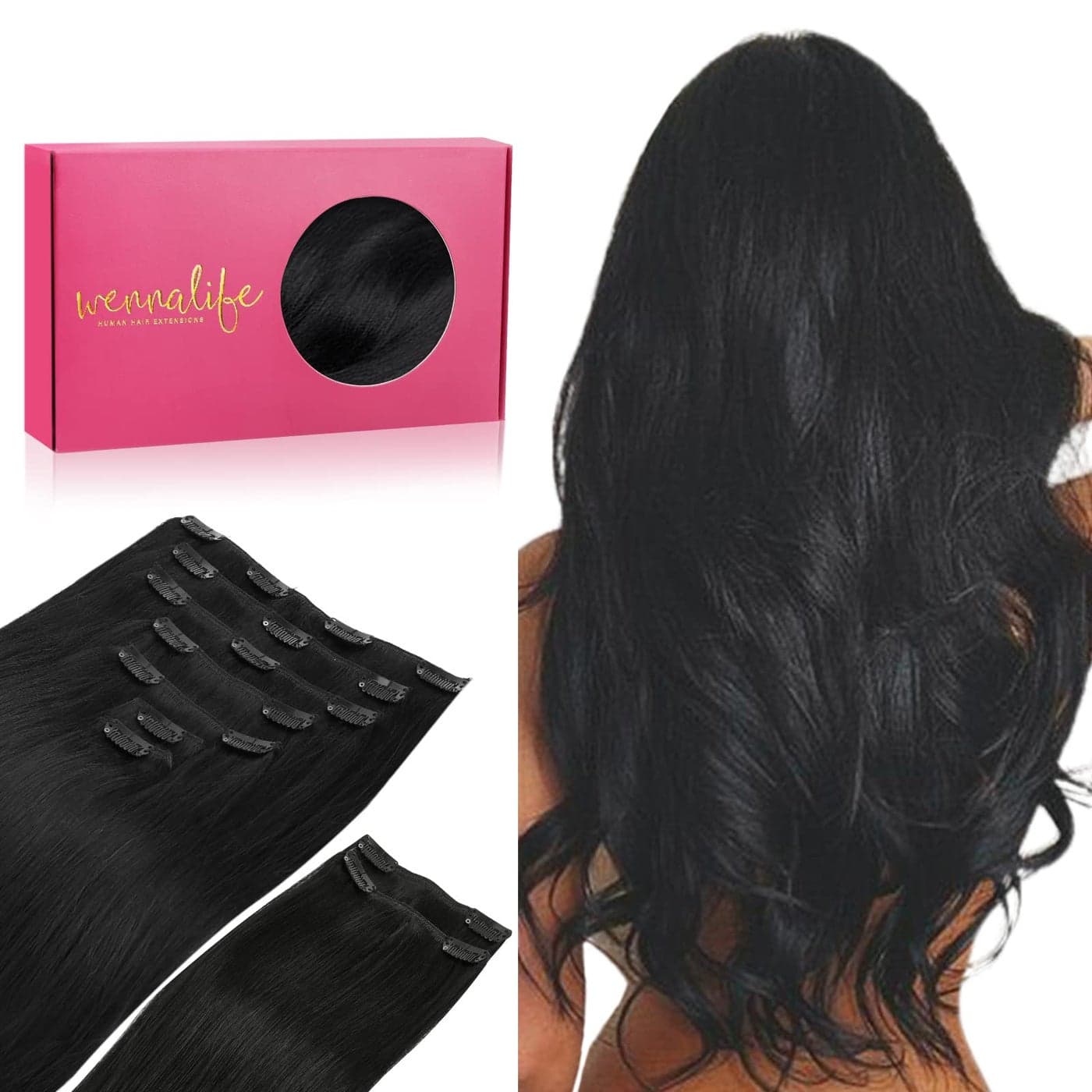 WENNALIFE Clip in Hair Extensions 150g 24 Inch 9pcs Jet Black Remy Hair Thicker Double Weft Extensiones De Cabello Humano Con Clip Ins Straight Full Volume