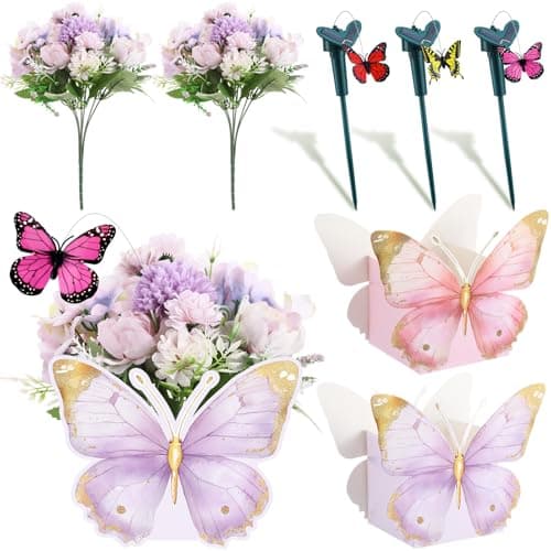 Kittmip 4 Set 16pcs Spring Solar Powered Flying Butterfly Centerpieces Fluttering Solar Butterfly Stakes Moving Tea Party Decorations Artificial Peonies Flower with Boxes for WeddingClassic