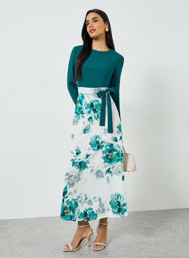 Women's Contrast Print Round Neck Long Sleeve A-line Maxi Dress — M