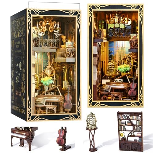 MiniCity DIY Book Nook Kit for Adults 3D Wooden Puzzle Bookend Bookshelf Insert Decor with LED Light and Dust Cover Pianist with Nightingale