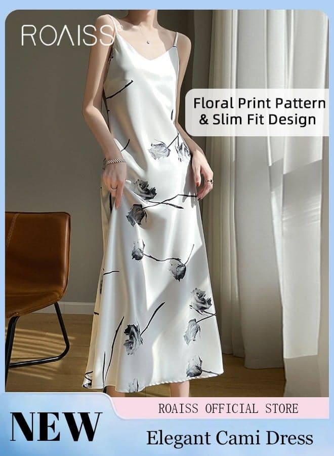 Quality Satin Floral Printed Cami Dress for Women Stylish A-Line Dress Off-the-Shoulder Beach Dress for Vacation Ladies Elegant Silk Spaghetti Strap V-Neck Halter Midi Skirt for Summer White