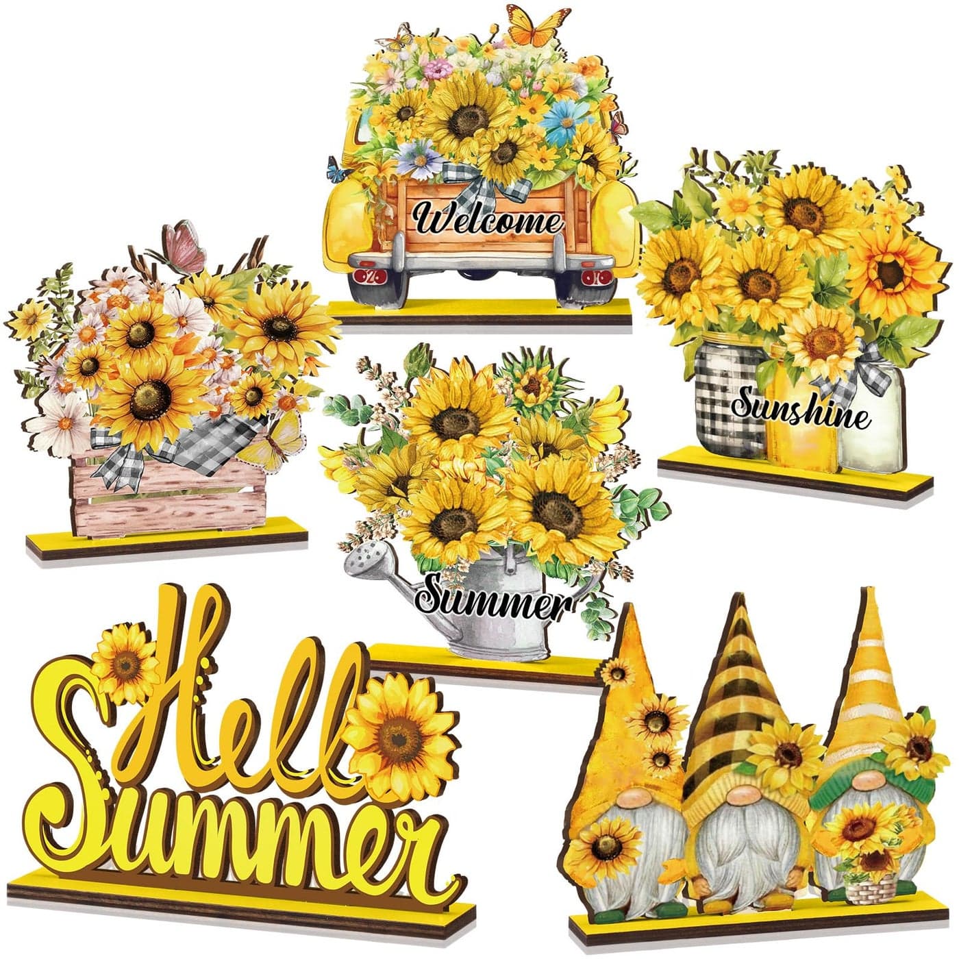 Barydat 6 Pcs Sunflower Table Sign Summer Sunflower Wooden Table Centerpiece Gnome Wooden Welcome Sunshine Decor Summer Sign Party Ornament Farmhouse Rustic for Home Kitchen