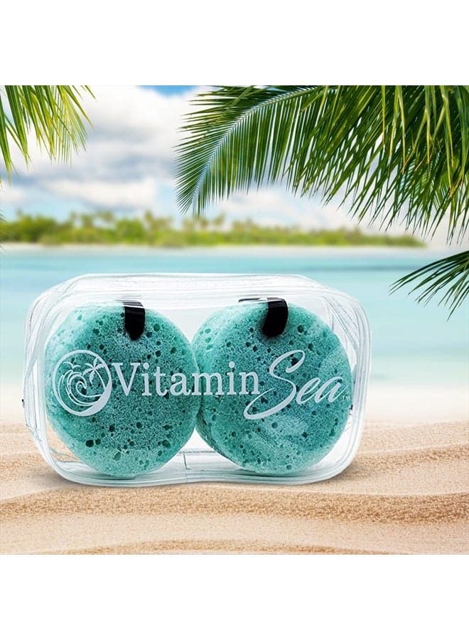 Super Soft Exfoliating Bath Sponge | Natural Sponge (2 Pack) | 30 + Washes Sea Sponge with Travel Soap Container | Soap Sponges are Great Spring Break Gifts | Travel Size Soap Sponge (Ocean Breeze)