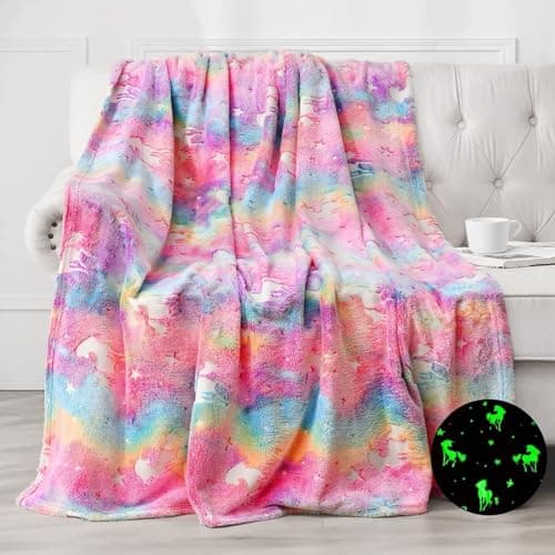 Happy Hues® Glow in The Dark Blanket Unicorn-70 x 60 inch/ 180 cm x 152cm -Bedroom Décor- Kids-Teens Boys & Girls Travel Lightweight -Throw Blankets Soft Cozy Fluffy (Unicorn, Throw)