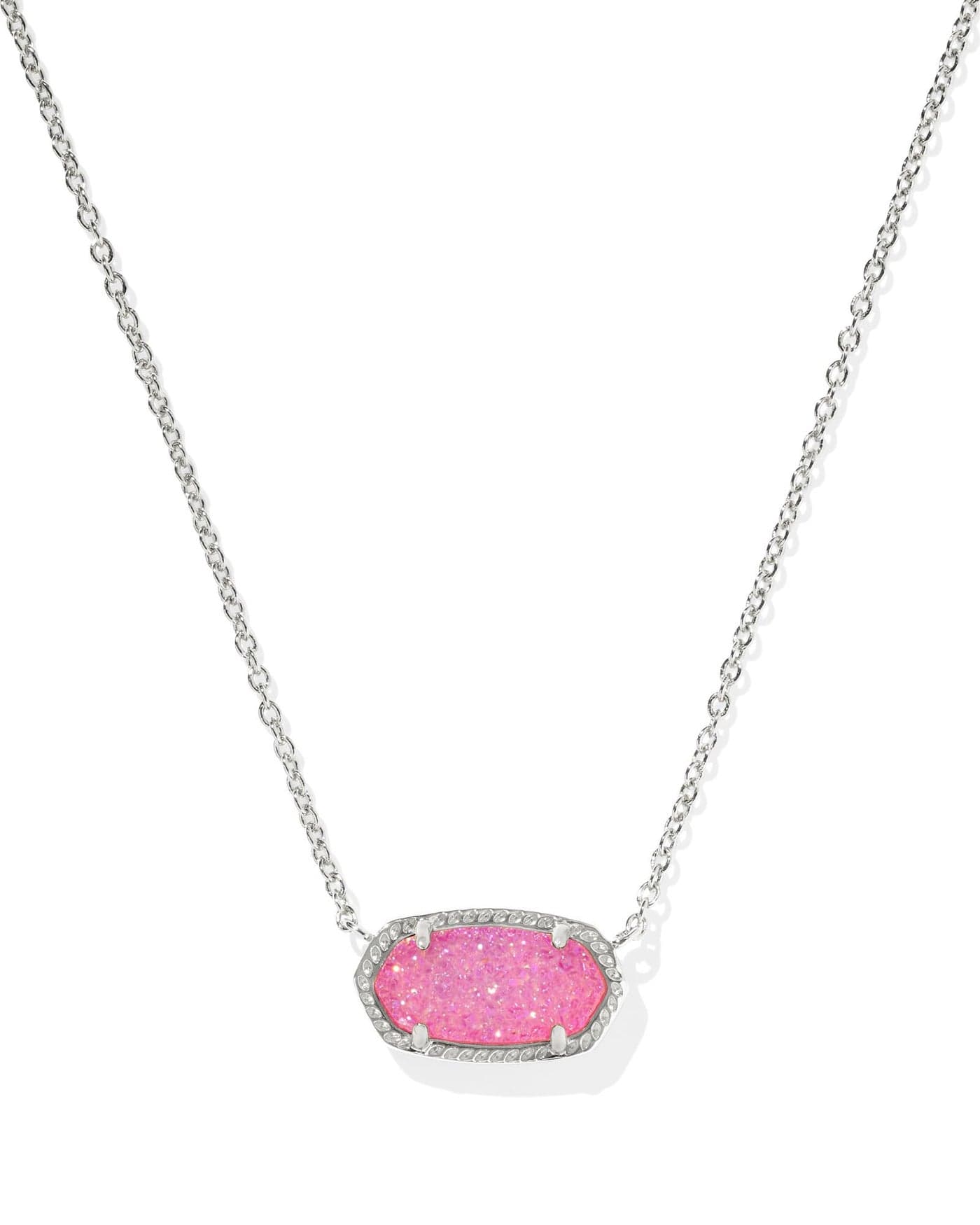 Kendra Scott Elisa Necklace in Rhodium-Plated Brass, Hot Pink Drusy, Fashion Jewelry for Women