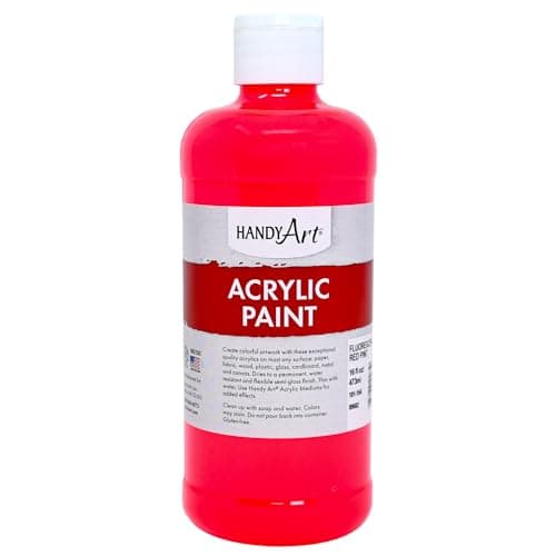 Handy Art Acrylic Paint Fluorescent Red 16 oz Bottle Glow UV Neon Under Black Light SemiGloss Student Fluid Acrylic Creamy Flow Consistency Safe NonToxic Made in USA