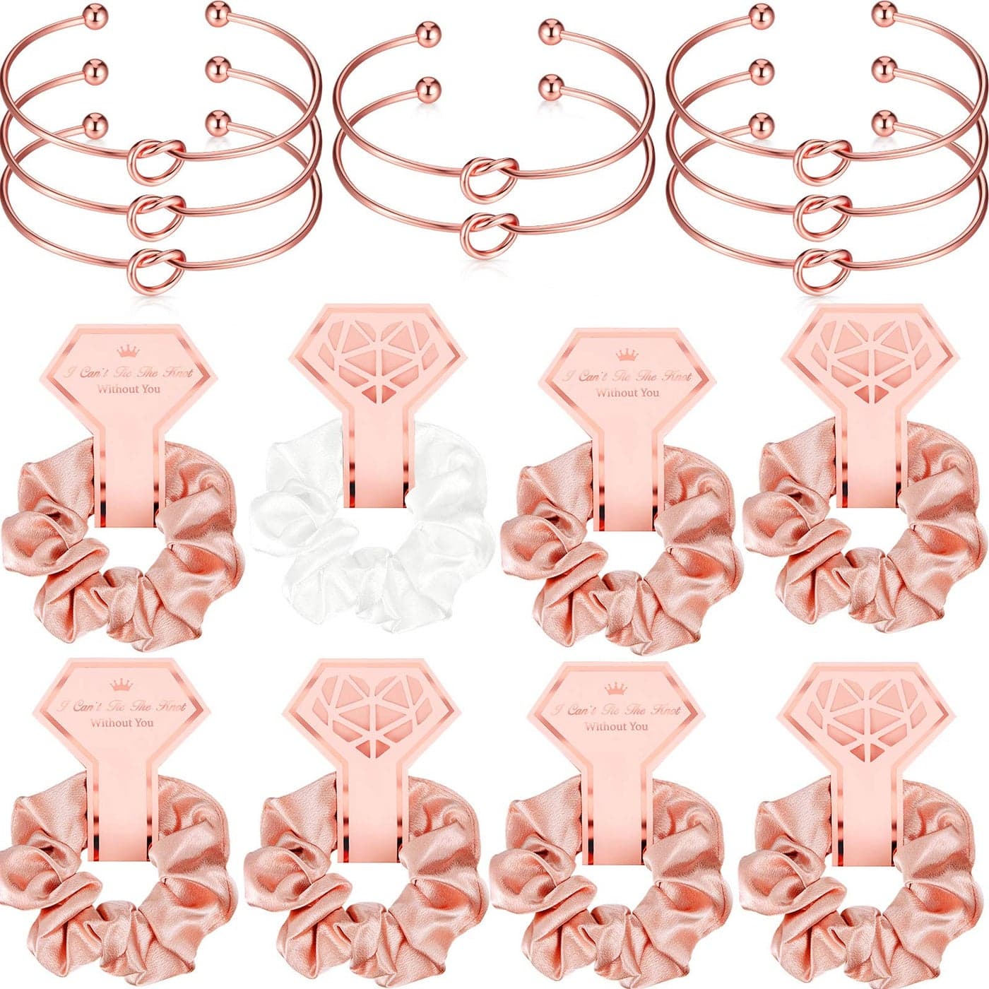 8 Pieces Satin Hair Scrunchies Bridal Shower Gift Scrunchy Hairbands Bachelorette and 8 Pieces Bridesmaid Bracelets with I Cant Tie the Knot Without You Bridesmaid CardsRose Gold White