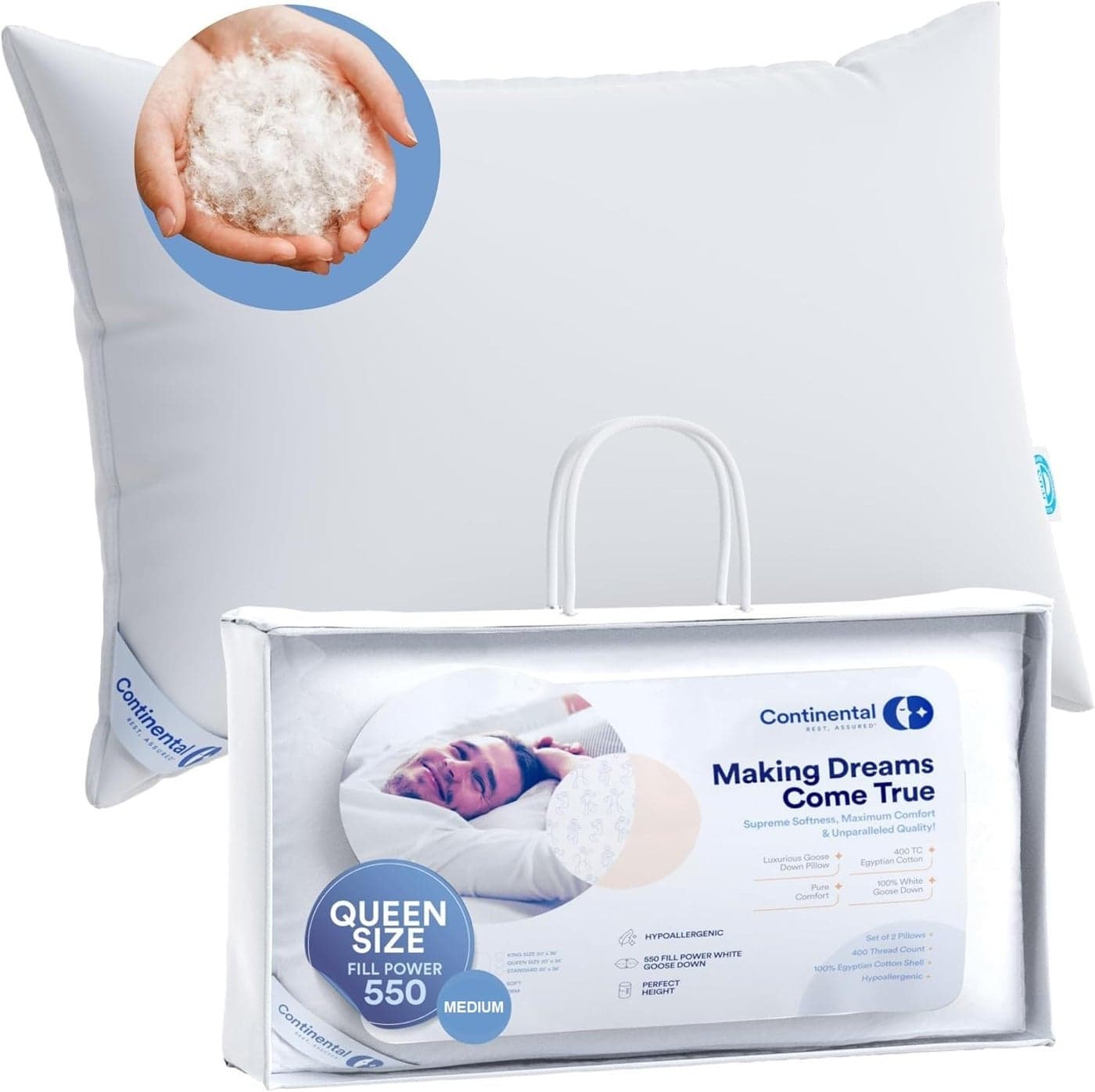 Continental Bedding Harmony White Down Pillow 550 Fill Power 400 Thread Count Cotton Cover Made in USA Medium Queen Pack of 1