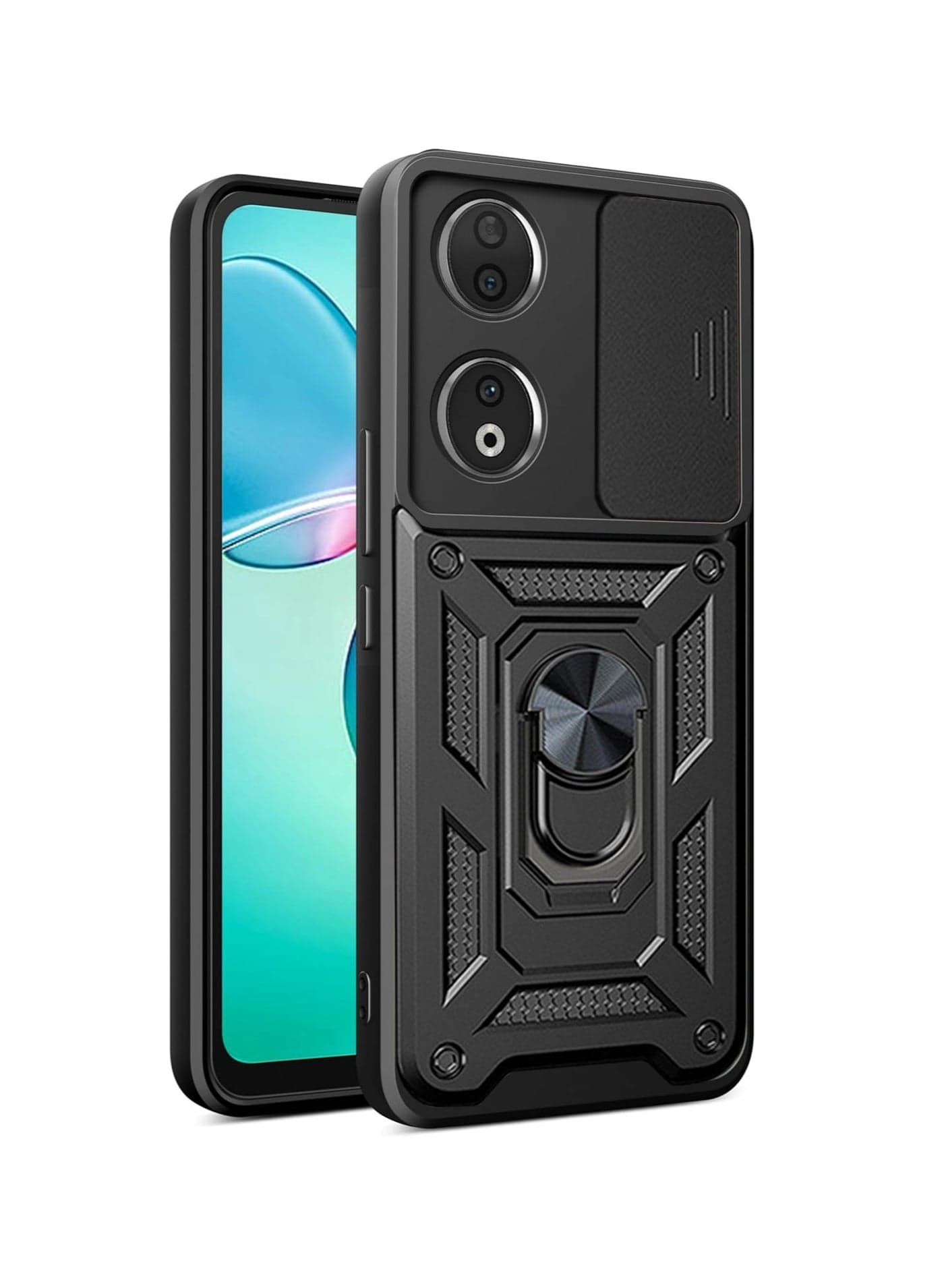 Honor 90 5G Mobile Phone Case Cover, Slide Camera Lens Cover + 360°Rotating Kickstand Ring + Bumper Shockproof Phone Case